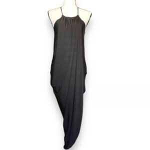 bobi black // ruched drape black midi dress // XS